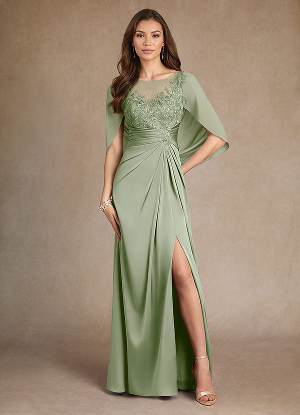 Azazie Hera Mother of the Brides Dresses Dusty Sage A-Line Lace Stretch Satin Dress image1
