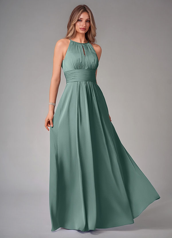 Azazie Bonnie Bridesmaid Dresses Eucalyptus A-Line Pleated Stretch Satin Dress image1