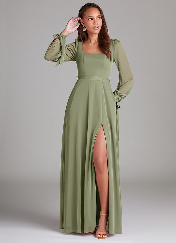 Azazie Leonia Bridesmaid Dresses Pistachio A-Line Long Sleeve Mesh Dress image1