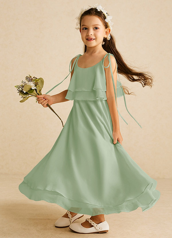 Azazie Temi Flower Girl Dresses Dusty Sage A-Line Spaghetti Strap Chiffon Dress image1