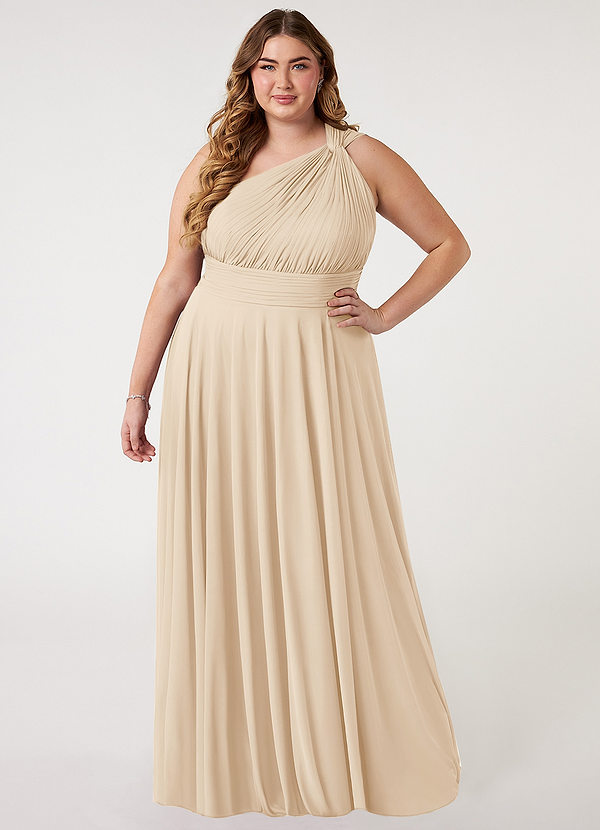 Azazie Charlize Bridesmaid Dresses Champagne A-Line One Shoulder Mesh Dress image1