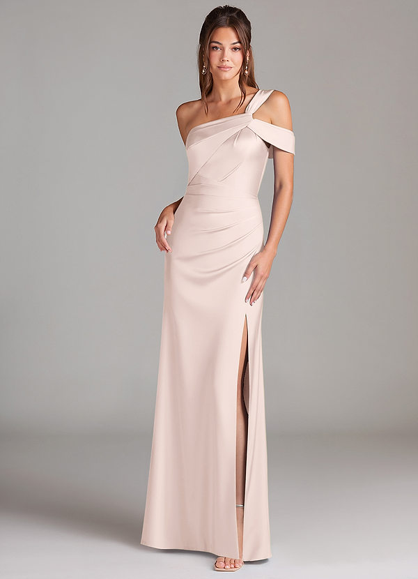 Azazie Wynter Bridesmaid Dresses Blushing Pink Sheath Off the Shoulder Stretch Satin Dress image1
