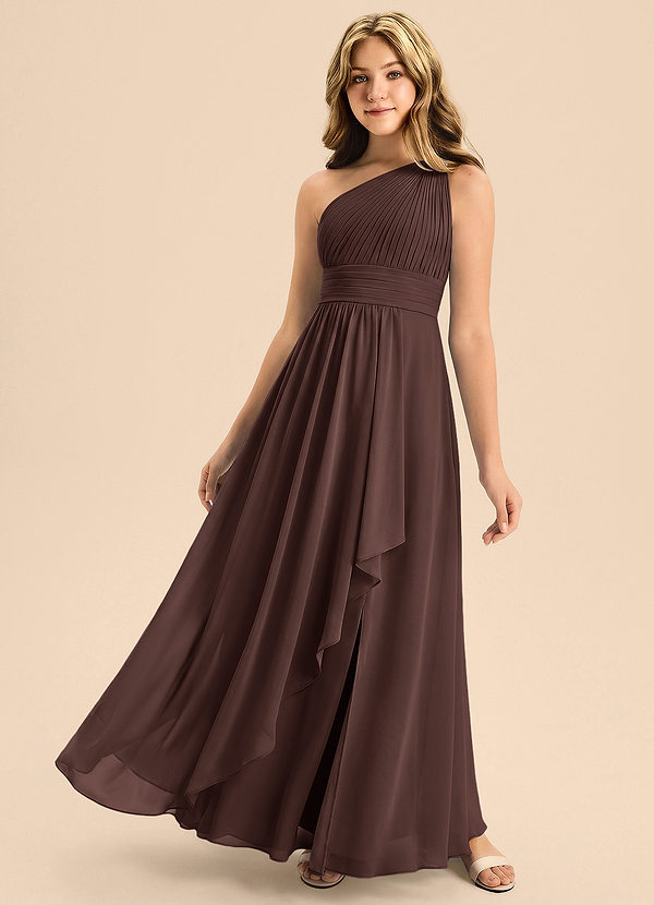 Azazie Skye Junior Ganache A-Line Pleated Chiffon Dress image1