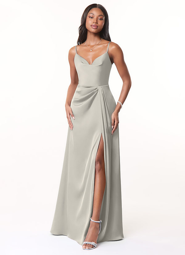 Azazie Brielle Bridesmaid Dresses A-Line Cowl Spaghetti Straps Stretch Satin Floor-Length Dress image1