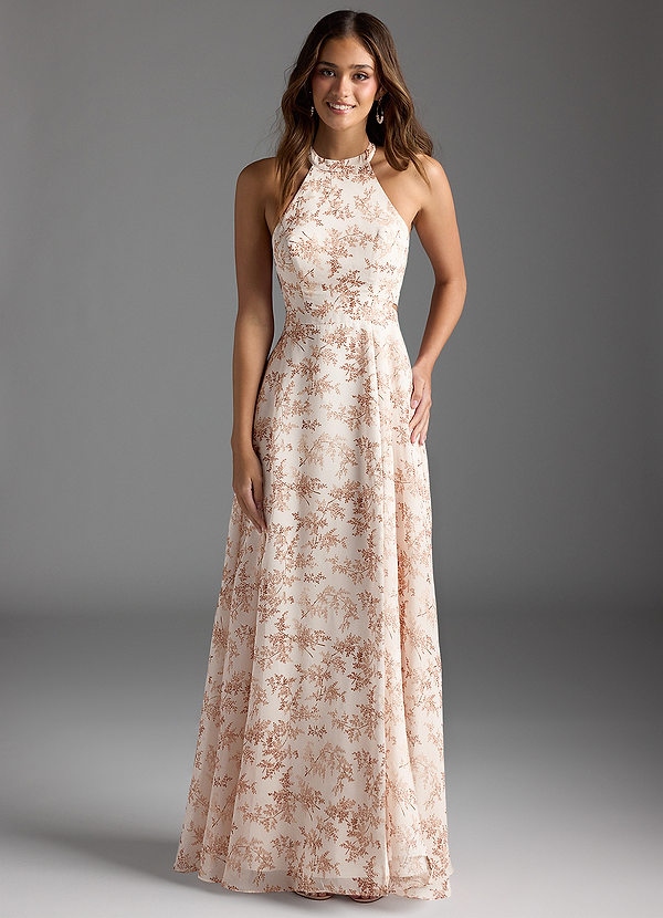 Azazie Clarice Bridesmaid Dresses Pink Fern Floral A-Line Halter Chiffon Dress image1