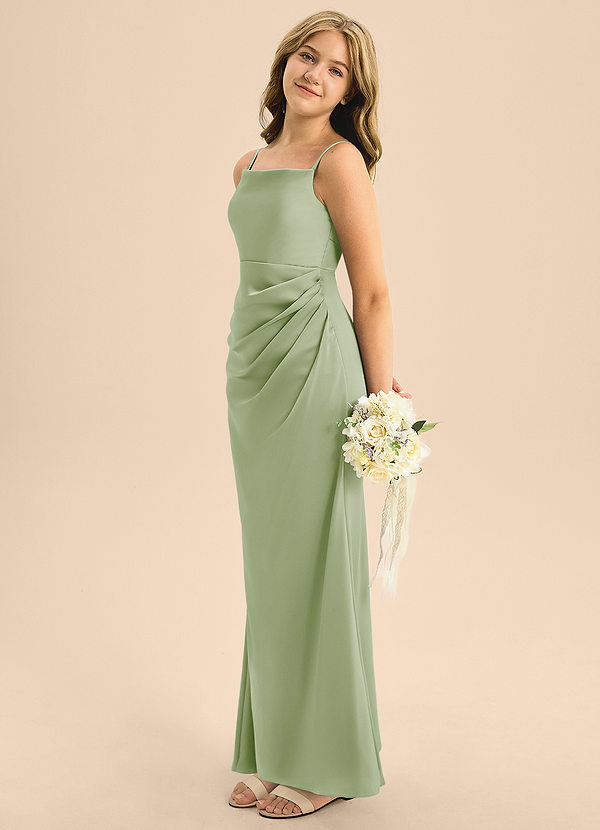 Azazie Renna Junior Dusty Sage A-Line Pleated Stretch Satin Dress image1