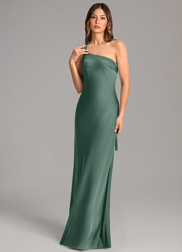 Azazie Monroe Bridesmaid Dresses Eucalyptus Mermaid One Shoulder Stretch Satin Dress image1