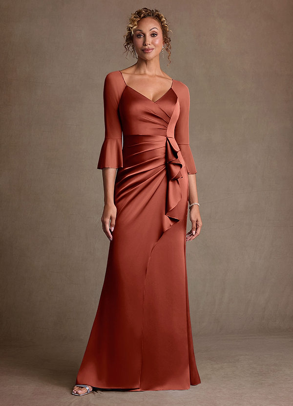 Azazie Nampa Vestidos de Madre de la Novia Vestido de Terracota de Malla de Corte Recto con Plisado image1
