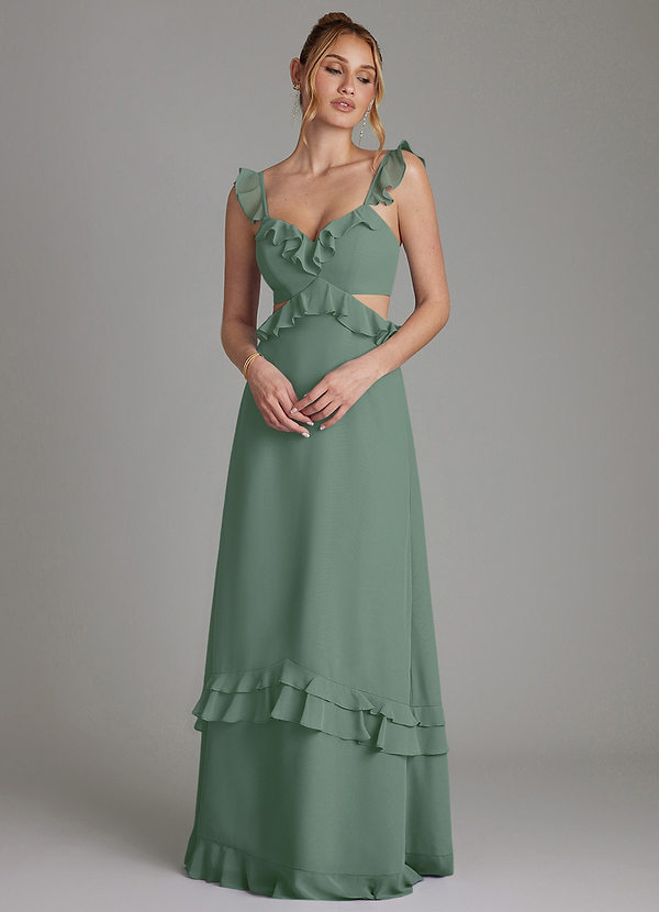 Azazie Malaya Vestidos Dama de Honor Vestido de Eucalipto de Gasa de Corte en A con Corsé image1