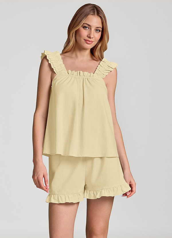 front Lemon Sorbet Ruffled Sleeveless Cotton Pajama Set