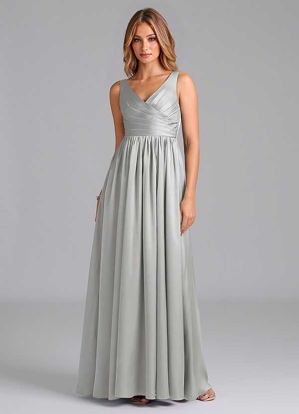 Azazie Keyla Bridesmaid Dresses Silver A-Line Pleated Stretch Satin Dress image1