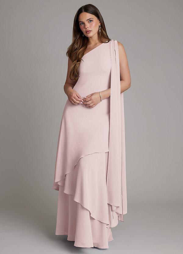 Azazie Monique Bridesmaid Dresses Blushing Pink A-Line One Shoulder Chiffon Dress image1