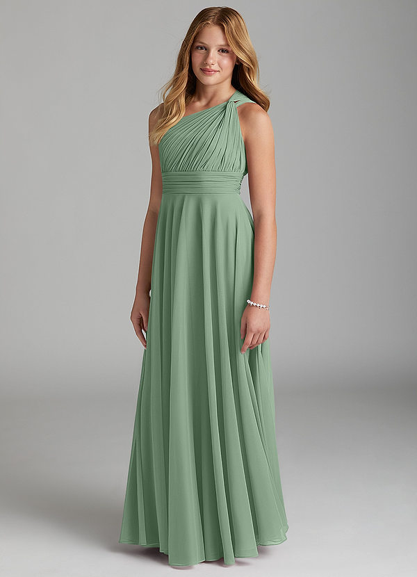 Azazie Charlize Junior Matcha A-Line Mesh Dress image1