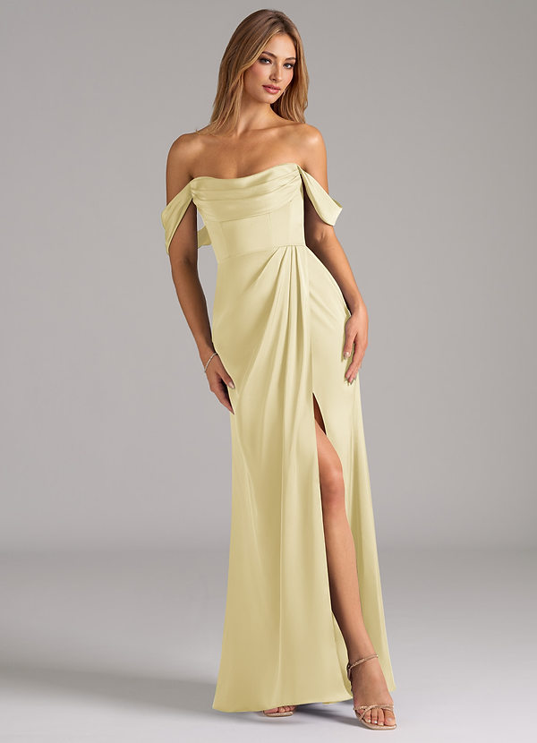 Azazie Johana Bruidsmeisjes Jurken Converteerbaar Jurk van Stretch Satijn met Zeemeermin Off the Shoulder Citroensorbet image1