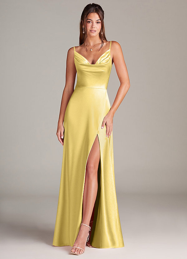 Azazie Sarella Brautjungfernkleider A-Linie mit Taschen Metallischer Satin Kleid Kanarienvogel image1