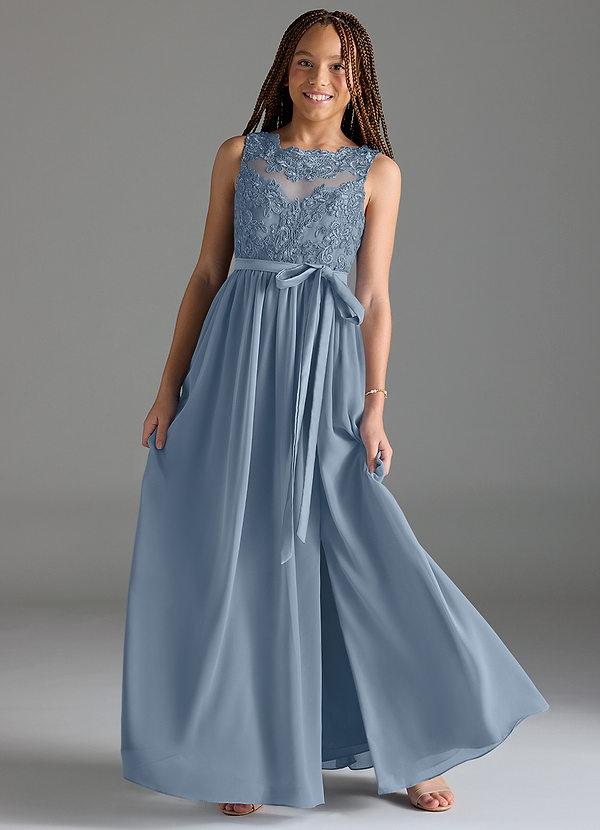 Azazie Elly Junior Dusty Blue A-Line Lace Chiffon Dress image1
