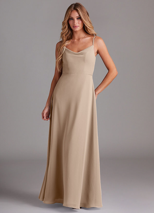Azazie Daenerys Bridesmaid Dresses Taupe A-Line Cowl Chiffon Dress image1