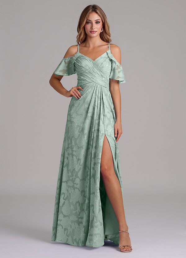 Azazie Dakota Bridesmaid Dresses Agave A-Line Off the Shoulder Floral Burnout Dress image1