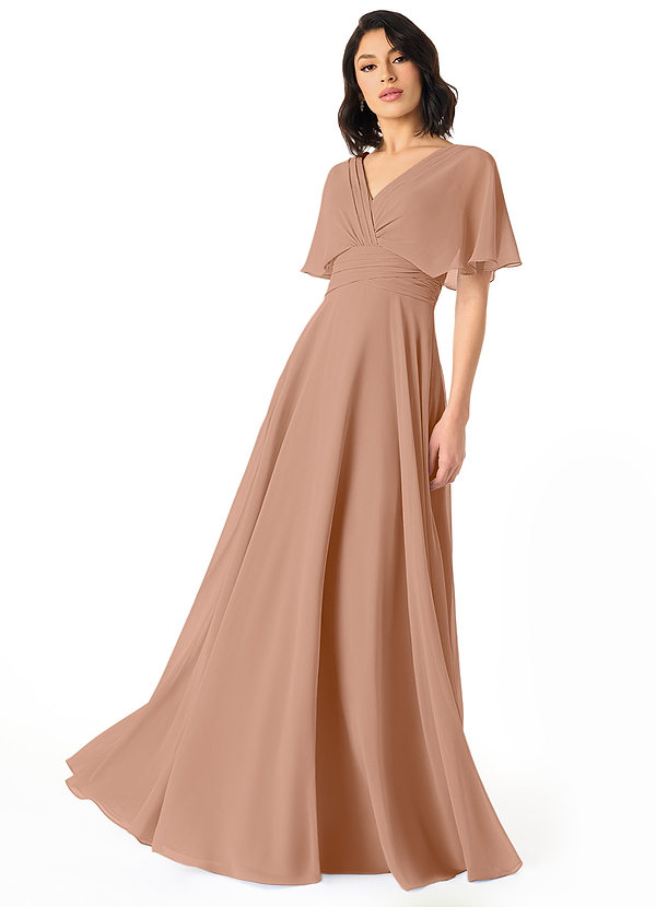 Azazie Pamela Bridesmaid Dresses Champagne Rose A-Line V-Neck Pleated Chiffon Dress image1