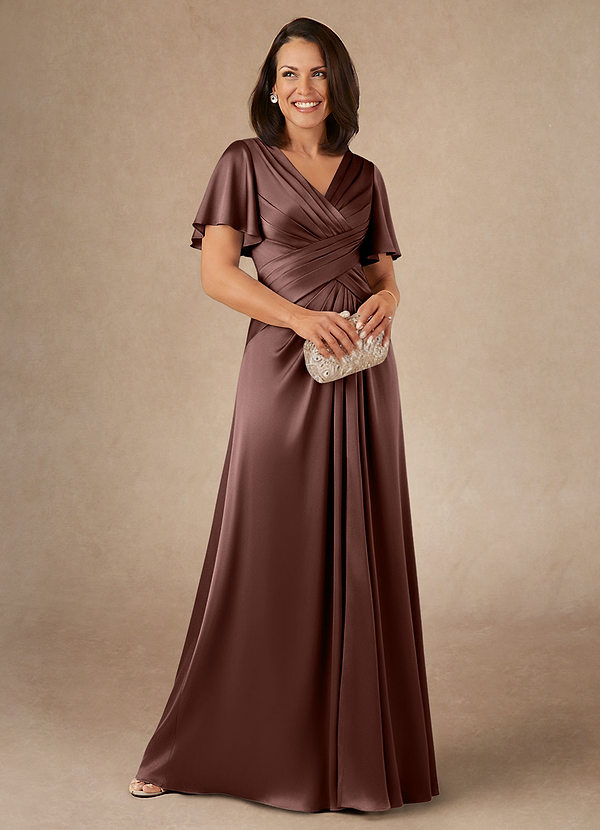 Azazie Emmeline Mother of the Brides Dresses Espresso A-Line Pleated Stretch Satin Dress image1