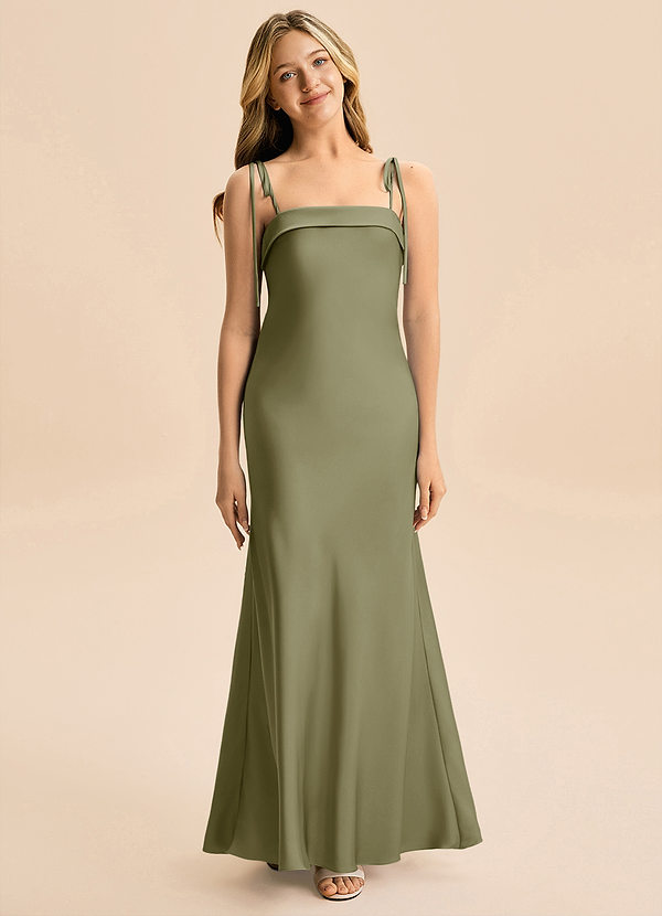 Azazie Willa Junior Pistachio A-Line Bow Stretch Satin Dress image1