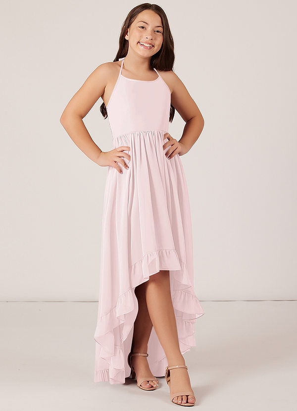 Azazie Sarafina Junior Blushing Pink A-Line Lace Chiffon Dress image1