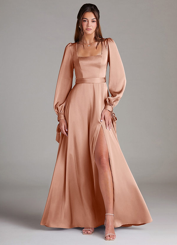 Azazie Leonia Bridesmaid Dresses Rose Gold A-Line Long Sleeve Stretch Satin Dress image1
