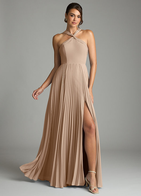 Azazie Afra Abiti da Damigella Abito A-Line in Chiffon Plissettato Taupe image1