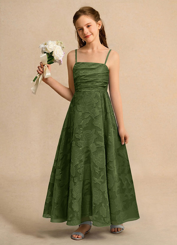 Azazie Pebbles Junior Formal Blumenkinder Kleider A-Linie Plissee Blumen-Burnout Kleid Olivgrün image1