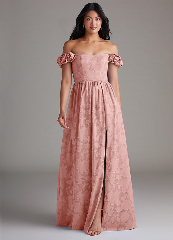 Azazie Autumn Robes Demoiselle d'honneur Robe Trapèze Convertible en Blumen-Burnout Épaule décolletée Rosette image1