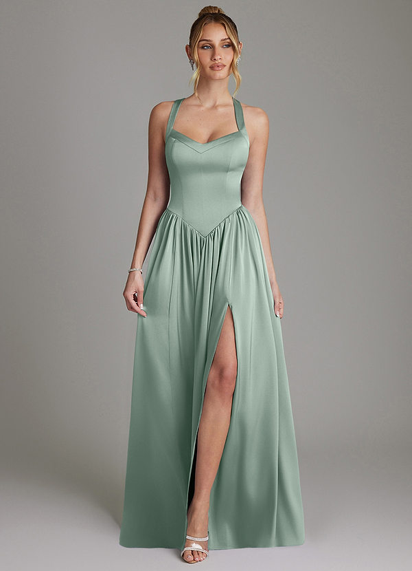 Azazie Francis Bridesmaid Dresses Agave A-Line Corset Stretch Satin Dress image1