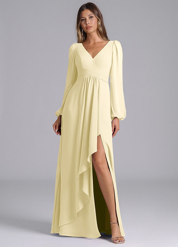Azazie Liah Bridesmaid Dresses Lemon Sorbet A-Line Long Sleeve Chiffon Dress image1