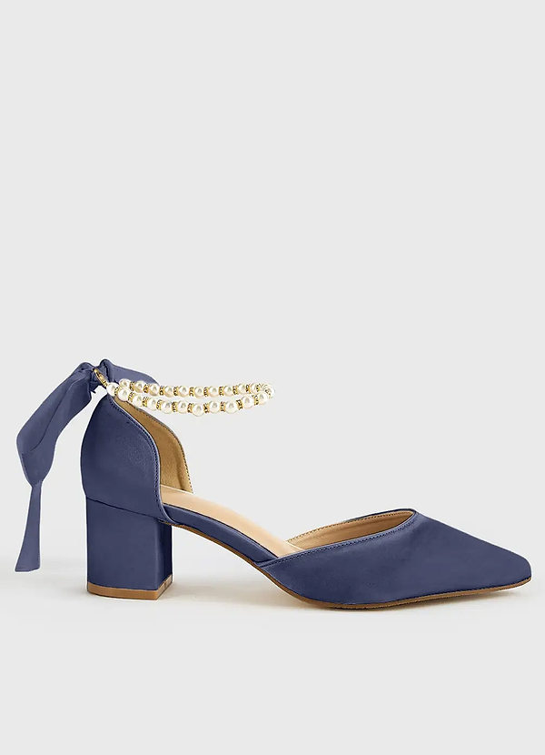 front Matching Color Matte Satin Pearl and Bow Pointed Toe Block Heels