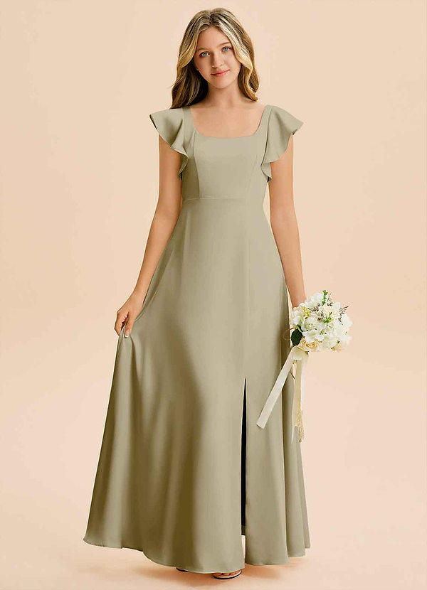 Azazie Bondi Junior Moss Green A-Line Side Slit Stretch Satin Dress image1