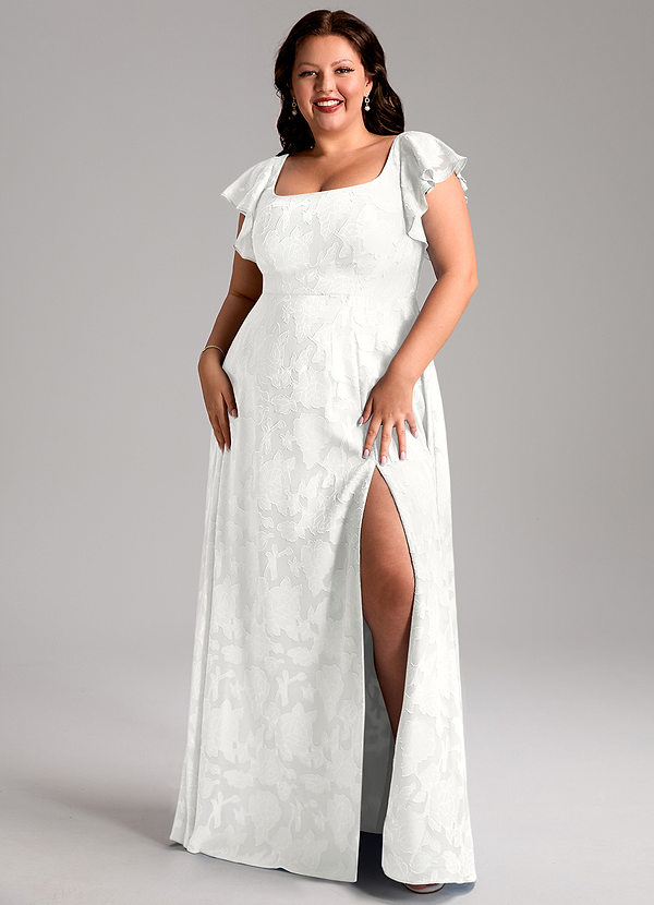 Azazie Bondi Bridesmaid Dresses White A-Line Side Slit Floral Burnout Dress image1