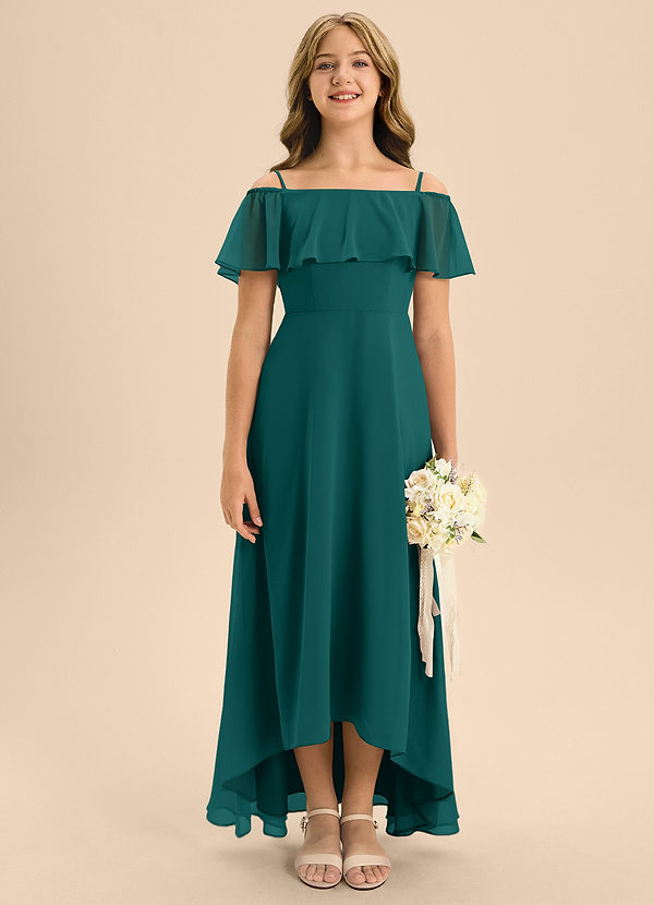 Azazie Maggie Junior Peacock A-Line Off the Shoulder Chiffon Dress image1