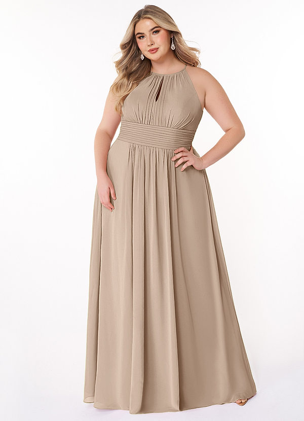 Azazie Bonnie Bridesmaid Dresses Taupe A-Line Keyhole Ruched Chiffon Dress image1