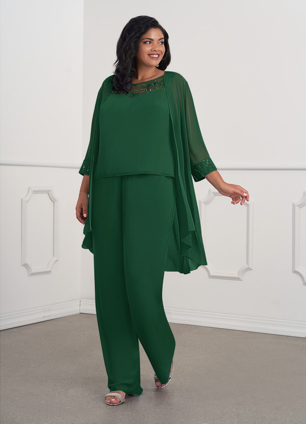 Azazie Maura Klänningar för brudens mor Klänning Jumpsuit/byxdräkt i Chiffong Paljetter Mörkgrön image1