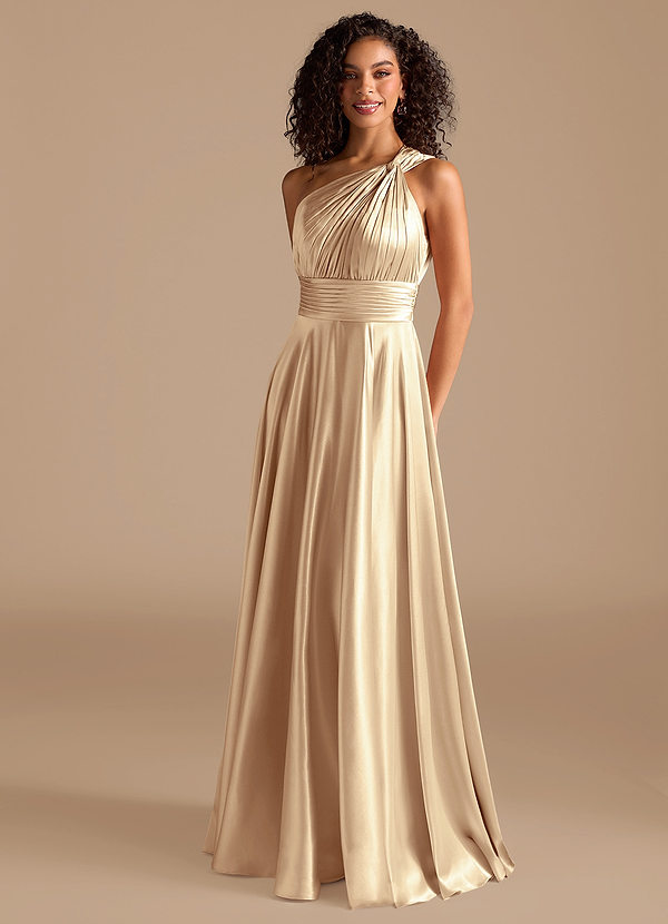 Azazie Charlize Bridesmaid Dresses Gold A-Line One Shoulder Metallic Satin Dress image1