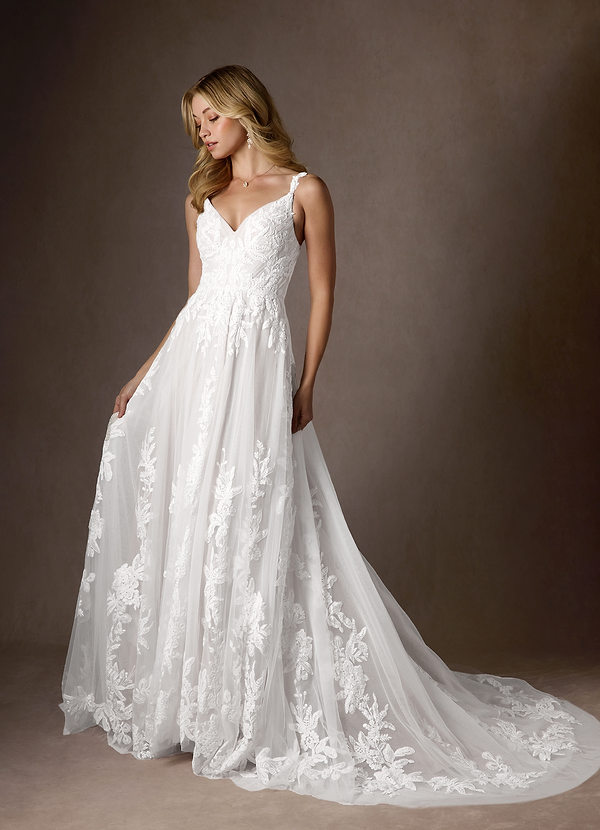 Azazie Delaina Wedding Dresses Diamond White A-Line V-Neck Sequins Tulle Dress image1