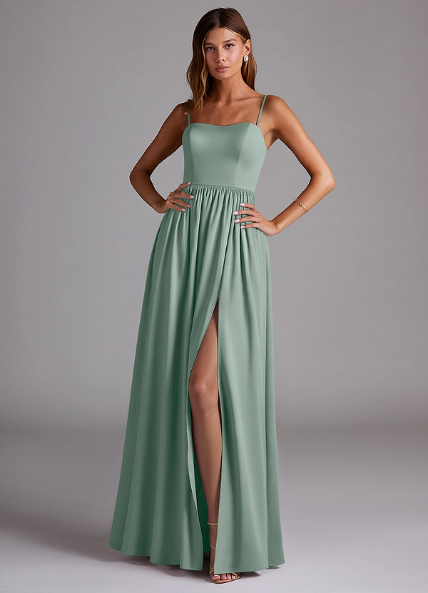 Azazie Calianna Abiti da Damigella Abito Convertibile A-Line in Raso Elasticizzato a Spalla Scoperta Salvia Argentata image1