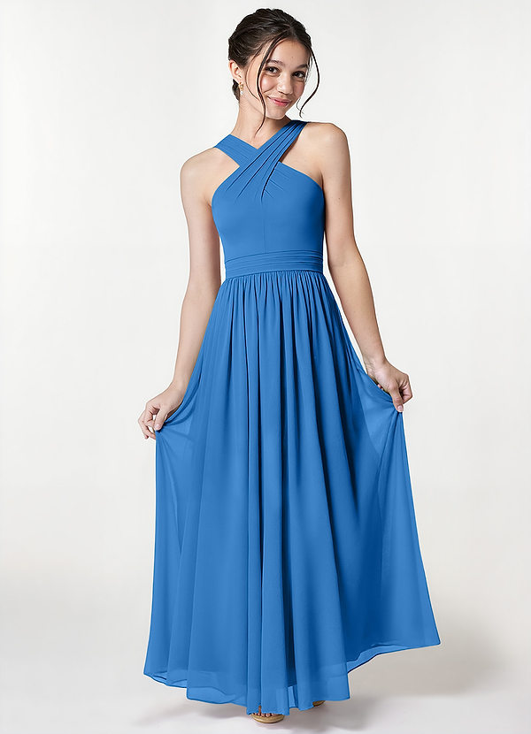 Azazie Jiya Junior Blue Jay A-Line Pleated Mesh Dress image1