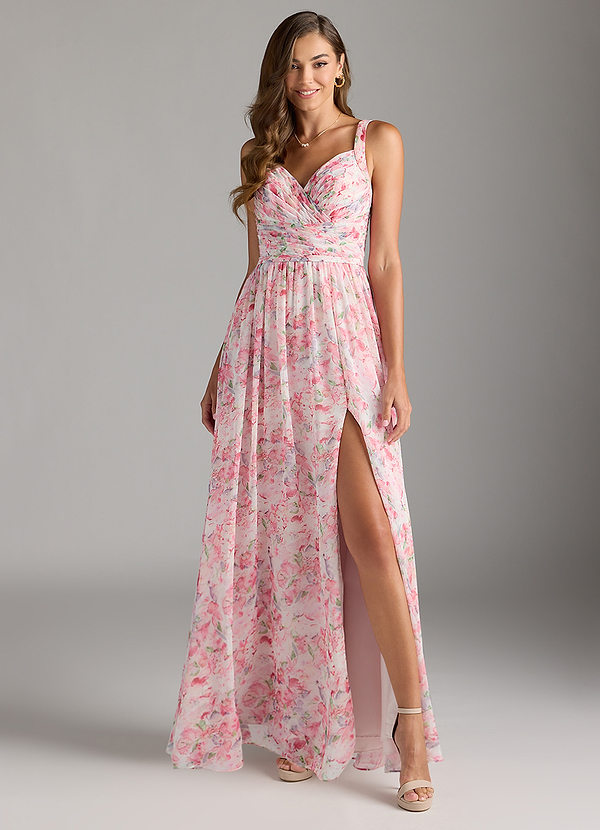 Azazie Chanel Bridesmaid Dresses Abstract Watercolor Floral A-Line Pleated Chiffon Dress image1