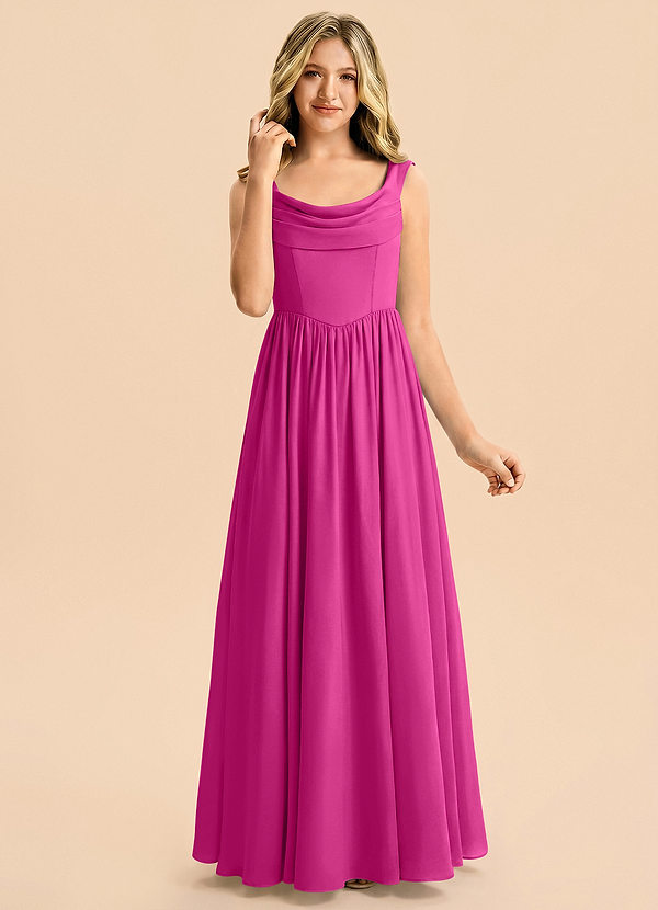 Azazie Novi Junior Vestido Fucsia de Satén Elástico de Corte en A con Plisado image1