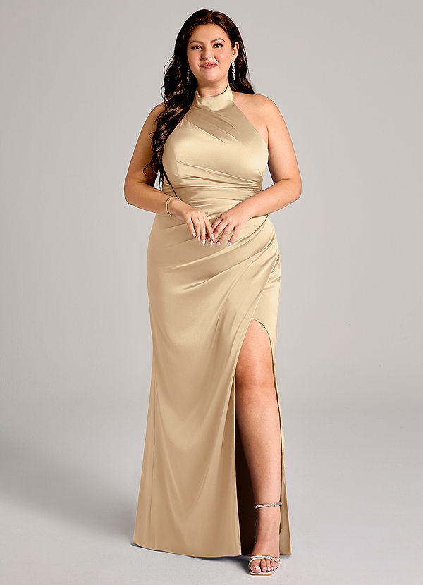 Azazie Jemma Suknie dla druhen Osłona Pofałdowany Satyna elastyczna Do ziemi Sukienka image1