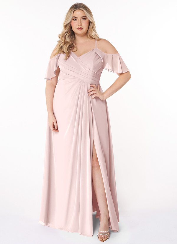 Azazie Dakota Bridesmaid Dresses Blushing Pink A-Line V-Neck Pleated Chiffon Dress image1