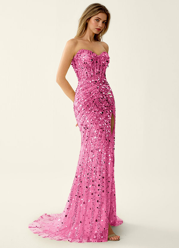 Elowomgen Rose Pink Beading Sequin Embroidery Mesh Prom Dress image1