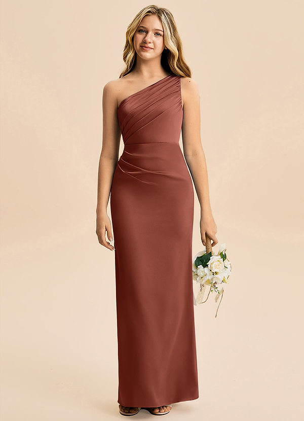 Azazie Akilah Junior Osłona Pofałdowany Satyna elastyczna Długość podłogi Młodsza druhna Sukienka image1