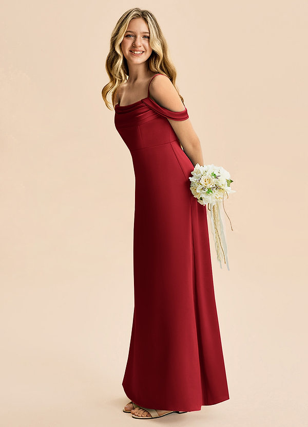 Azazie Lettie Junior Pomegranate A-Line Off the Shoulder Stretch Satin Dress image1