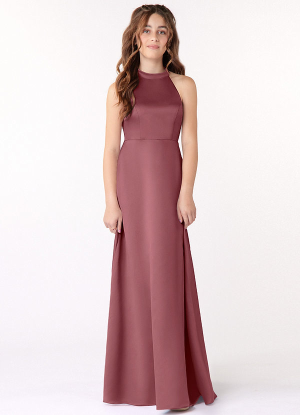 Azazie Laurel Junior Desert Rose A-Line Stretch Satin Dress image1